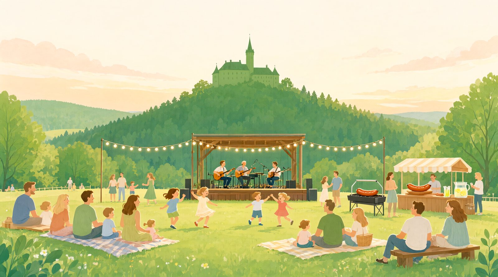 KI-generierte Illustration: Sommerabend mit Konzert auf einer Wiese, Lichterketten und Familien auf Decken.