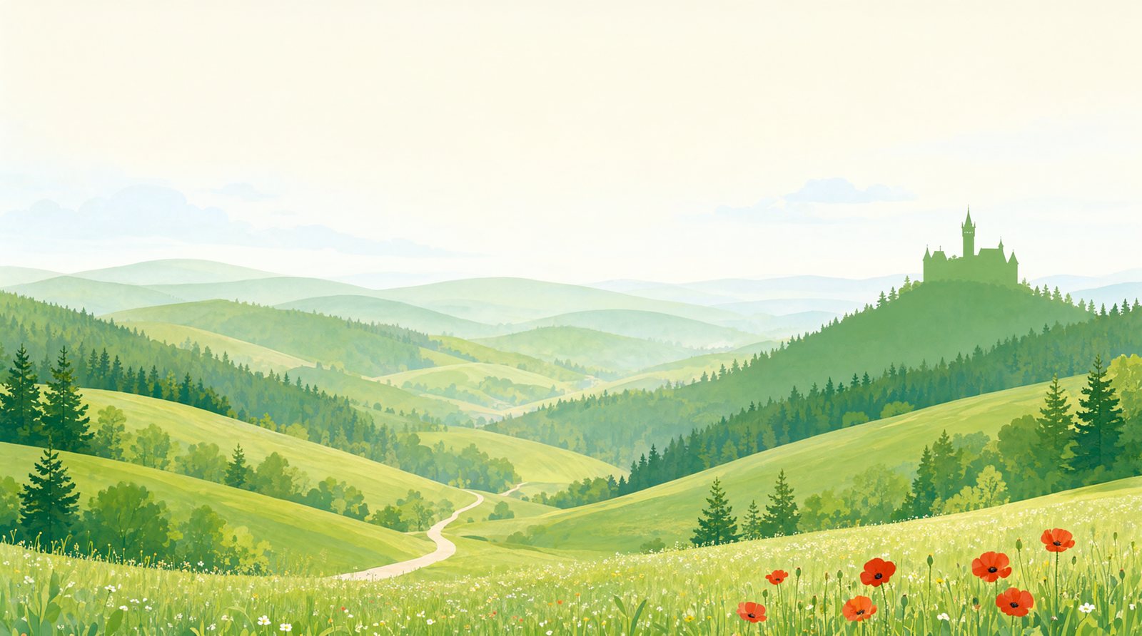 KI-generierte Illustration: Gemalte Landschaft im Thüringer Wald an einem Sommermorgen: sanfte grüne Hügel, Tannen, ein heller Weg durch eine Blumenwiese mit rotem Mohn und in der Ferne eine grüne Burgsilhouette auf einem bewaldeten Berg.