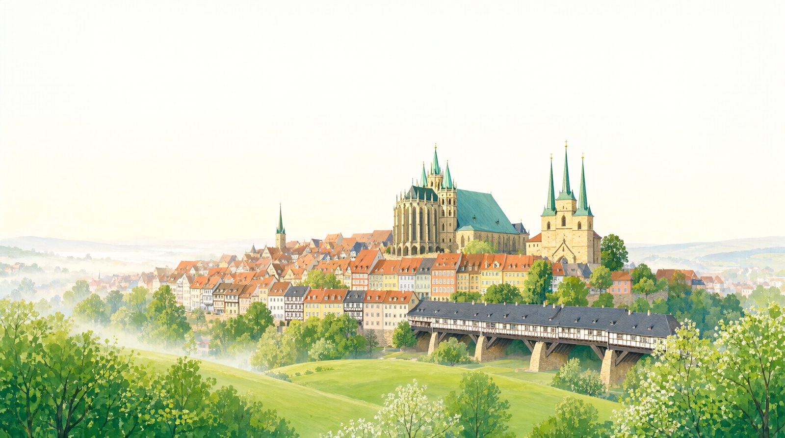 KI-generierte Illustration: Gemalte Altstadt von Erfurt an einem hellen Morgen: Dom und Severikirche auf dem Domberg, bunte Dächer, viel Grün und ein weiter, heller Himmel.