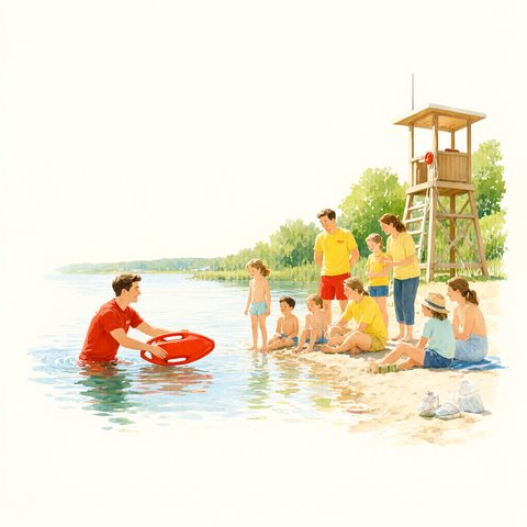 KI-generierte Illustration: Rettungsschwimmer in Rot und Gelb zeigen Kindern am Seeufer eine rote Rettungsboje.