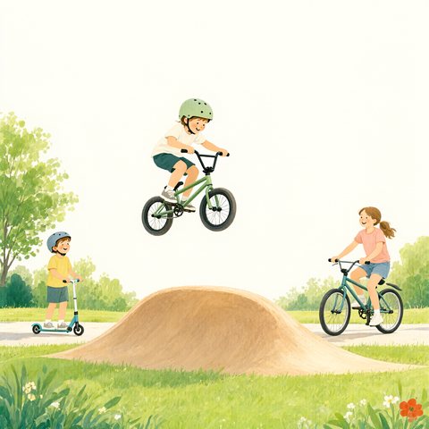 KI-generierte Illustration: Ein junger BMX-Fahrer springt über einen Erdhügel, Kinder mit Roller und Fahrrad warten auf ihre Runde.