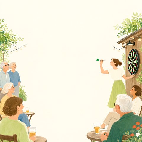KI-generierte Illustration: Eine Frau wirft im Garten eines Gasthofs einen Pfeil auf die Dartscheibe, Freunde schauen zu.