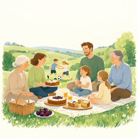 KI-generierte Illustration: Picknick auf einer Wiese: eine Thüringer Familie und eine neu zugezogene Familie teilen Essen, die Kinder spielen zusammen Fußball.