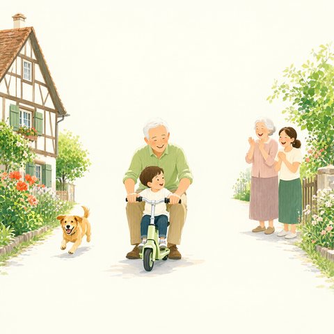 KI-generierte Illustration: Ein Junge bringt seinem Großvater auf einem Dorfweg das Rollerfahren bei, Großmutter, Mutter und ein Hund schauen fröhlich zu.